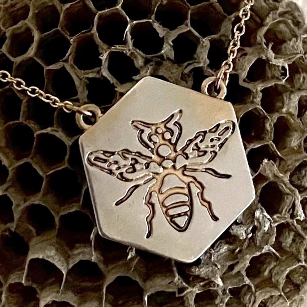 Gold Bee Stamped Hexagon Pendant Necklace